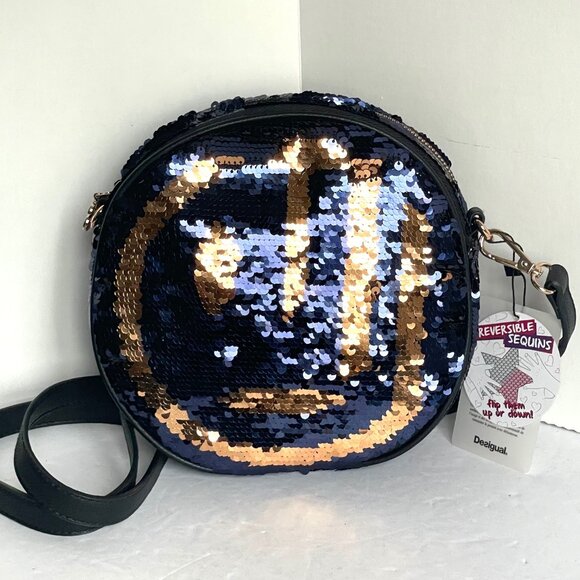 Desigual Round Crossbody Bag Purple Robot Reversible Sequins Shoulder - Picture 4 of 10